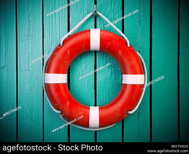 Life belt or rescue ring on wooden wall. Salvation, protection and security concept. 3d illustration