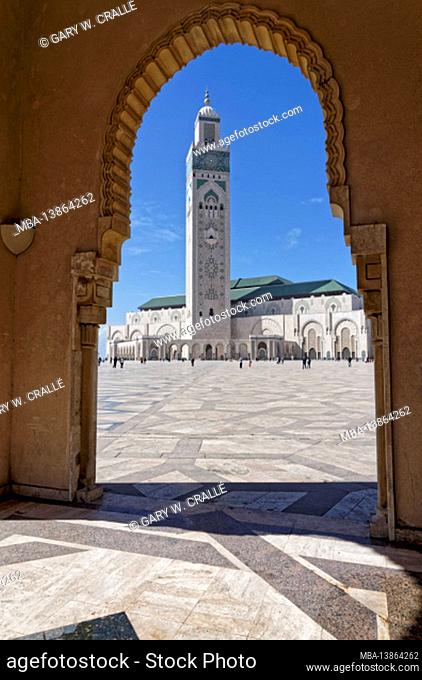 Casablanca, Hassan II Mosque, exterior, minaret, Moorish architecture, Morocco, North Africa
