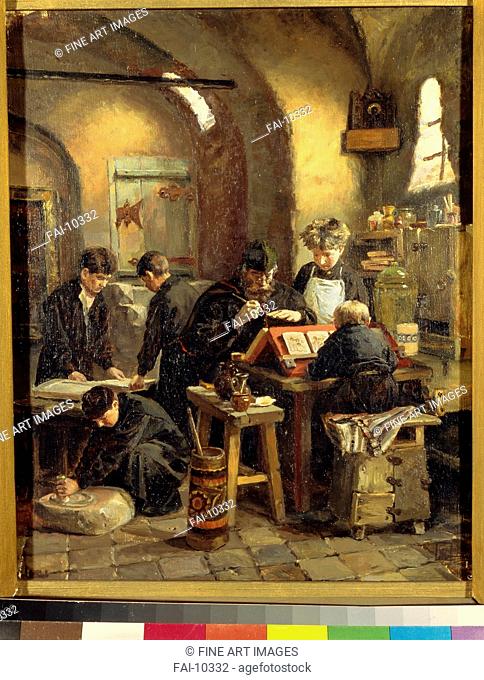 Icon Workshop. Polenova, Elena Dmitryevna (1850-1898). Oil on canvas. Russian Painting of 19th cen. . 1887. State Tretyakov Gallery, Moscow. 38, 5x32