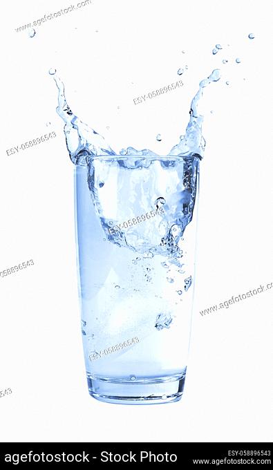 Ice cubes splashing into glass of water, for design mockup isolated on white background