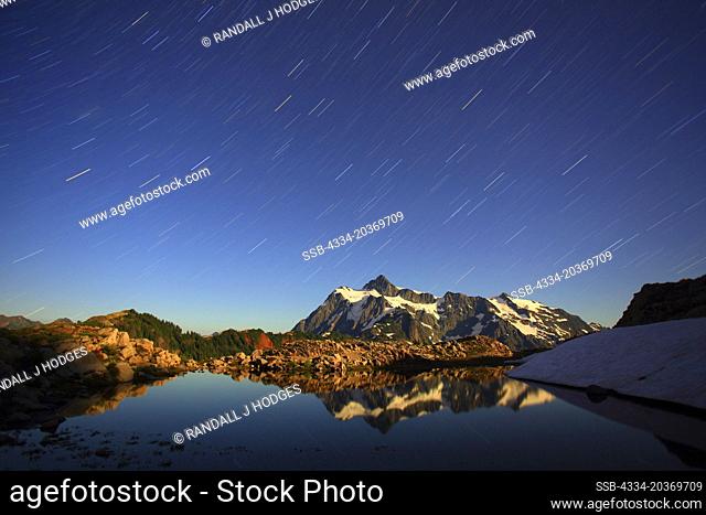 Stars Trails and Mt Shuksan Reflected in a Tarn From Artist Ridge in the Mt Baker National Recreation Area of Washington