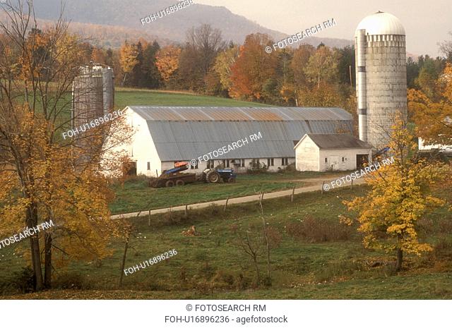 farm, fall, Danby Four Corners, VT, Vermont, White barn along a country road in autumn in Danby Four Corners