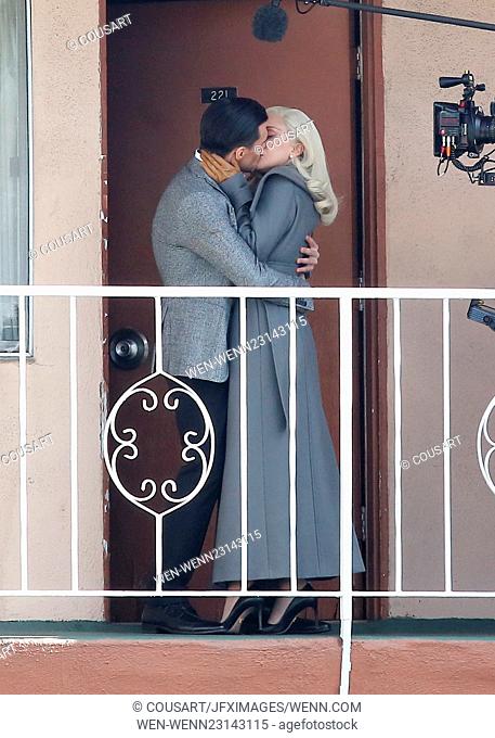 Lady Gaga gets swept off her feet while filming a kissing scene in 'American Horror Story: Hotel' at a motel in Hollywood with co star Finn Wittrock Featuring:...