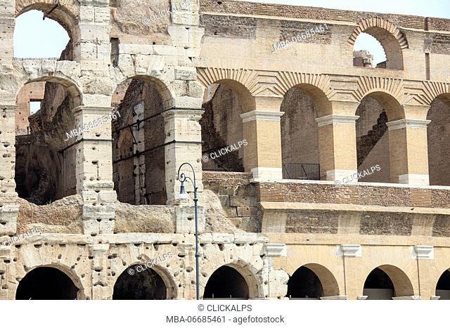 Architectural details of the ancient building of Colosseum the largest amphitheatre ever built Rome Lazio Italy Europe