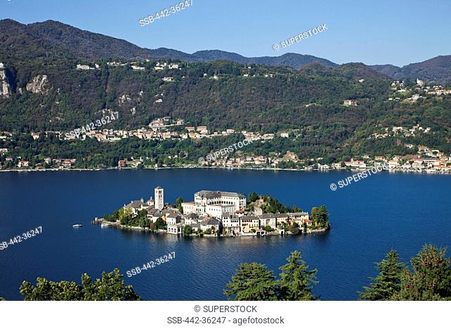 High angle view of a town on an island, San Giulio Island, Lake Orta, Piedmont, Italy