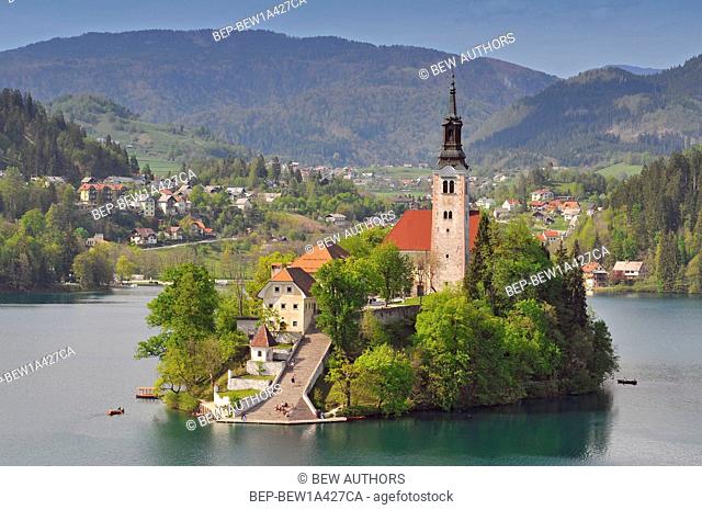 Slovenia, Bled, Lake Bled and the church of Assumption, Gorenjska Region