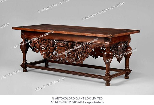Oak table with inverted bottle-shaped legs. Sculptured openwork ornaments with putti, leaf and flower work and Van Selbach coat of arms and year 1697