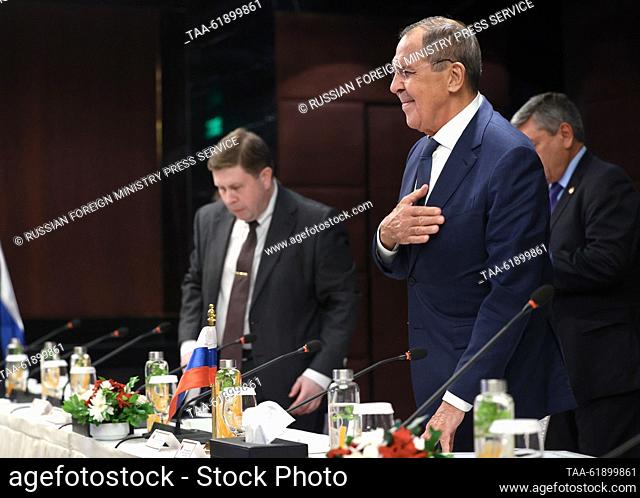 BANGLADESH, DHAKA - SEPTEMBER 7, 2023: Russia's Minister of Foreign Affairs Sergei Lavrov (R front) is seen during a meeting with Bangladesh's Minister of...