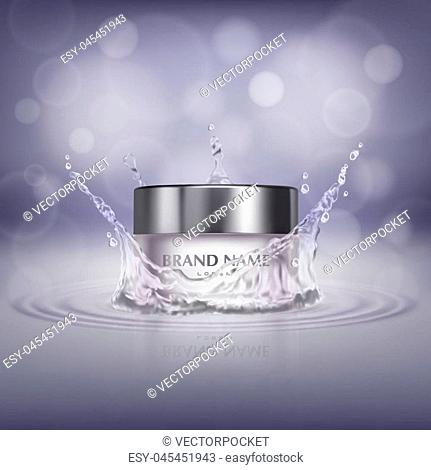 Vector promotion banner with realistic glass jar in water splash, bottle of cosmetic cream or facial mask isolated on background