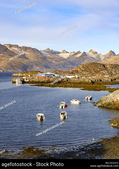 Harbour of settlement Kuummiit (formerly spelled Kummiut). Ammassalik area in East Greenland. North America, Greenland, Danish Territorrry