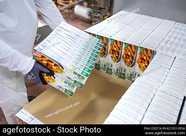 16 February 2023, Bremen, Bremerhaven: Frosta's new vegan vegetable-based fish sticks are packed at the factory. Frosta, the Bremerhaven-based frozen food...