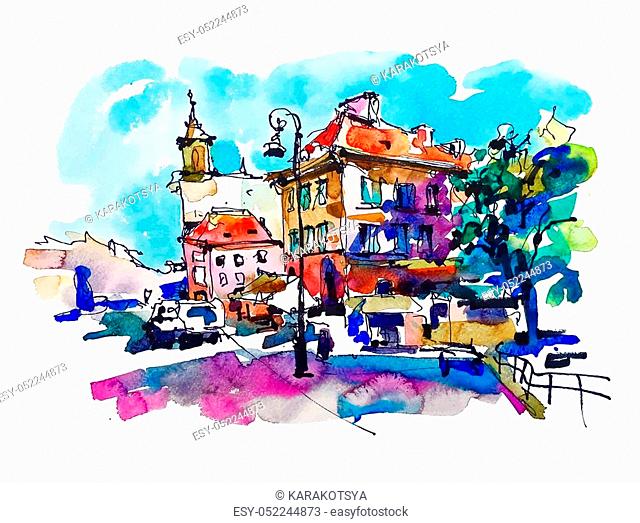 watercolor sketching old town historical buildings Warsaw capital city of Poland cityscape for travel book illustration, greeting card, poster and art print