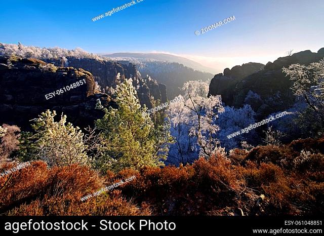 Elbsandsteingebirge im Winter Winterberg - Elbe sandstone mountains in winter and hoarfrost, mountain Winterberg