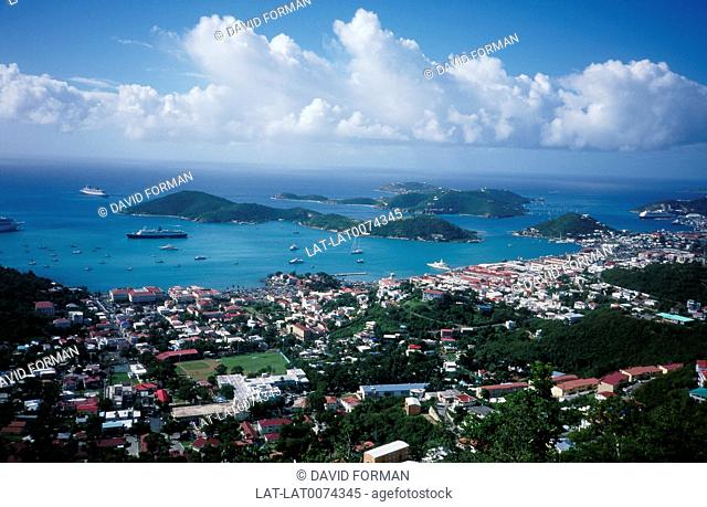 Charlotte. Amalie Bay. View over bay and islands. Town buildings