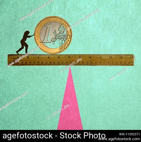 Woman pushing euro coin on ruler seesaw