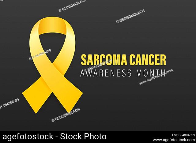 Sarcoma, Bone Cancer Banner, Card, Placard with Vector 3d Realistic Yellow Ribbon on Black Background. Sarcoma Cancer Awareness Month Symbol Closeup, July