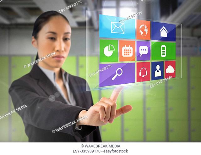 App interface and Businesswoman touching air in front of lockers