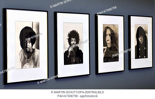 Four photographs by Linda McCartney of Aretha Franklin (L-R), Jimi Hendrix, Janis Joplin and Neil Young hang in the Kunsthaus Apolda in Apolda, Germany