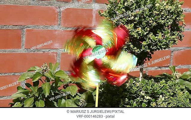 Pinwheel is a simple child's toy made of a wheel of paper or plastic curls attached at its axle to a stick by a pin