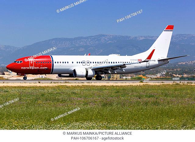 Palma de Mallorca, Spain - May 11, 2018: Norwegian Boeing 737 airplane at Palma de Mallorca airport (PMI) in Spain. | usage worldwide