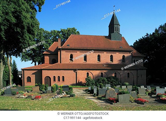 Germany, Laehden, Samtgemeinde Herzlake, Hase, Hase Valley, Huemmling, Emsland, Lower Saxony, church Saint Mary, neo-Romanesque style, churchyard, graves