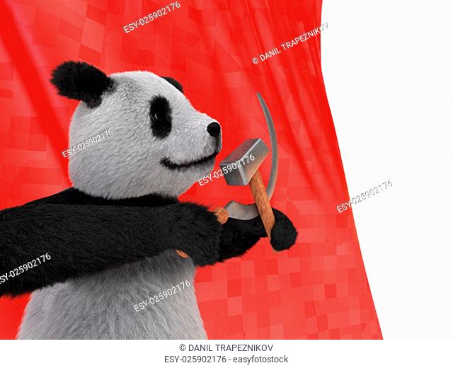the inspired personage type of black-and-white Chinese panda, also referred to as bamboo bear holding in its paws the symbols of the communist parties of the...