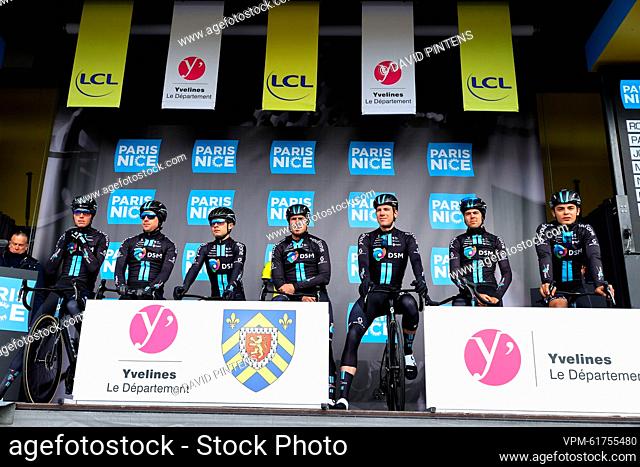 Team DSM riders pictured during the team presentation ahead of the second stage of the 81st edition of the Paris-Nice eight days cycling race