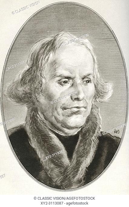 Martin Luther, 1483 - 1546. German professor of theology, composer, priest and monk. Illustration by Gordon Ross, American artist and illustrator (1873-1946)