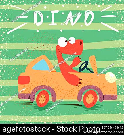 Cute dino drive funny car. Hand draw