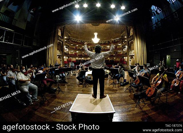 CARACAS, VENEZUELA - JUNE 9: Musicians of the National Symphony Orchestra of Venezuela, performs the Symphonic Gala sound check on stage as part of the...