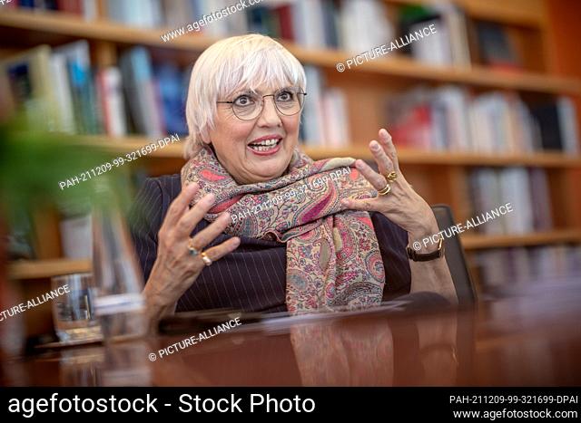 09 December 2021, Berlin: Claudia Roth (Bündnis 90/Die Grünen), Minister of State for Culture and Media, photographed during an interview with dpa...