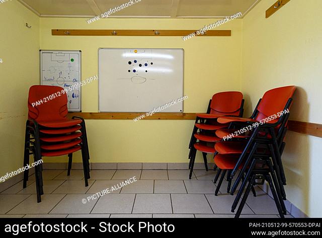 23 April 2021, Saxony, Dresden: View into the empty dressing room of the first men's team of SG Motor Trachenberge at the Aachener Straße sports ground
