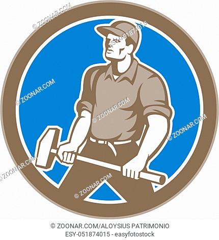 Illustration of a union worker holding sledgehammer hammer done in retro style set inside circle on isolated background