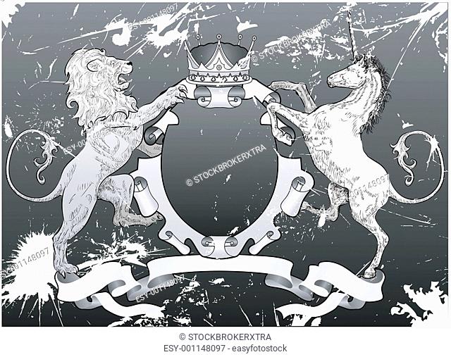 grunge shield coat of arms lion, unicorn, crown