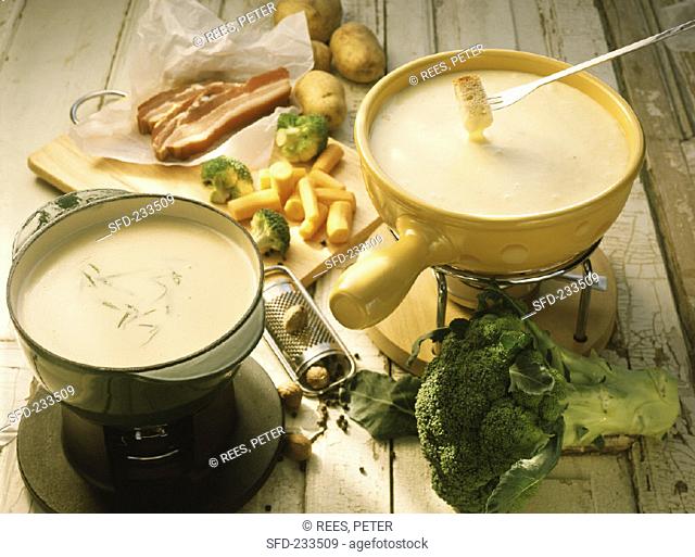 Hearty peasant's fondue and potato and cheese fondue