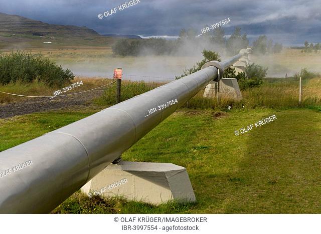 Pipeline with boiling water for the supply of Akranes and Borgarnes, Deildartunguhver, highest-flow hot spring of Iceland with 180 liters of boiling water per...