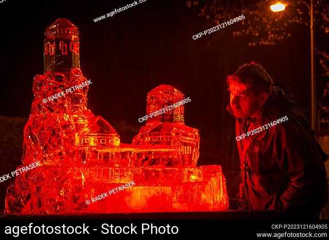 Third annual Christmas Ice Sculpture carving in Turnov on December 16, 2023. The sculptor carved and sculpted a statue of one of the dominant features of the...
