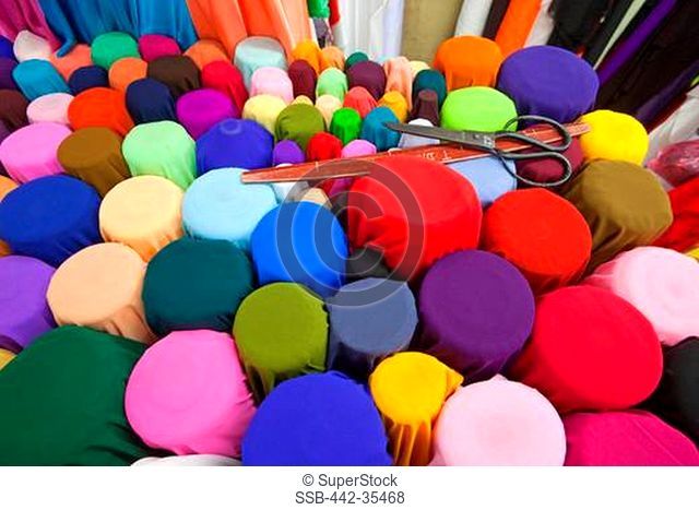 Colorful fabric at a clothing store, Dong Xuan Market, Hoan Kiem, Hanoi, Vietnam