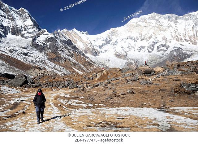Trekker at Annapurna Base Camp. Nepal, Gandaki, Annapurna, Annapurna Base Camp