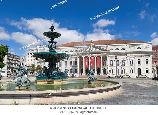 Rossio square, Pedro IV Square, Praca de D Pedro IV, with The National Theatre D Maria II, Teatro Nacional D Maria II, and bronze fountain, Lisboa, Lisbon