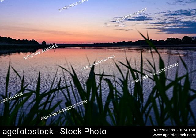 13 May 2022, Brandenburg, Reitwein: Shortly before sunrise, the morning sky is reflected in the colorful German-Polish border river Oder
