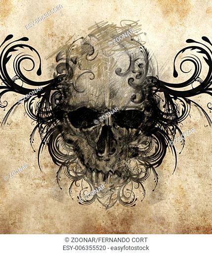 Sketch of tattoo art, skull with tribal flourishes