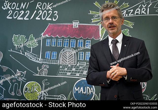 Czech Senate chairman Milos Vystrcil (ODS) meets pupils from small-class school with 24 children only, at beginning of new school year in Urbanov