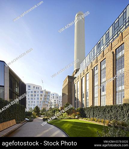 Landscaping on elevated BPS gardens with Prospect Place beyond. Prospect Place Battersea Power Station Frank Gehry, London, United Kingdom