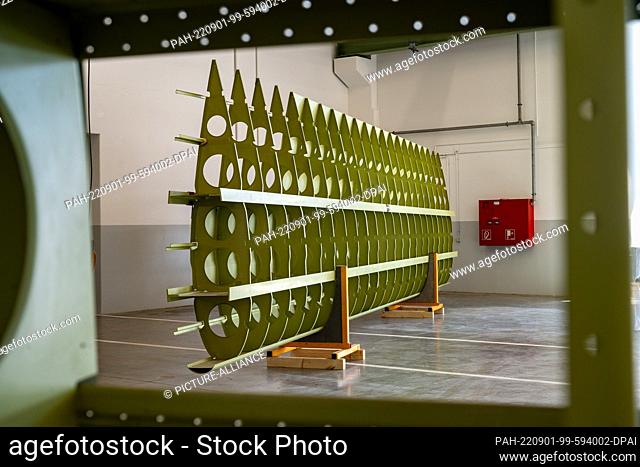 01 September 2022, Mecklenburg-Western Pomerania, Stralsund: View of a wind turbine component in a shipyard hall. The company German Sustainables has unveiled...