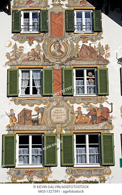 Germany Bavaria Oberammergau Painted building facade with windows and shutters luftmaileri decorated Hansl and Gretl Heim Hansel and Gretel House