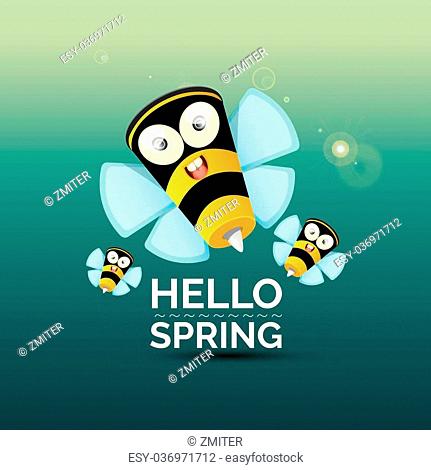 Hello spring . cartoon cute bright baby bee. vector illustration