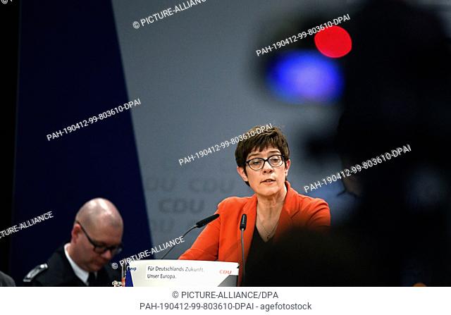 12 April 2019, North Rhine-Westphalia, Eslohe: CDU leader Annegret Kramp-Karrenbauer speaks at a European election campaign event