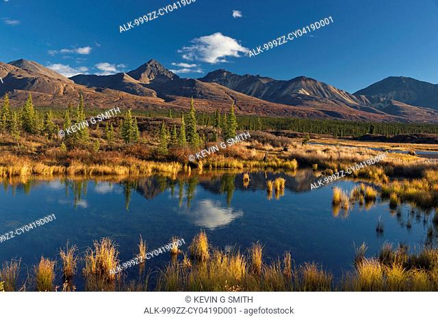 Scenic mountain landscape with a pond in the foreground seen from the Denali Highway, Southcentral Alaska, Autumn