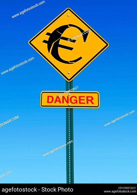 conceptual sign with euro symbol and danger warning over blue sky